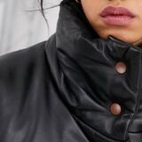 Black Leather Padded jacket With Funnel Neck