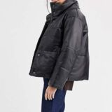 Black Leather Padded jacket With Funnel Neck