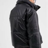 Black Leather Padded jacket With Funnel Neck