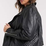 Black leather Biker jacket With Quilted Sleeve