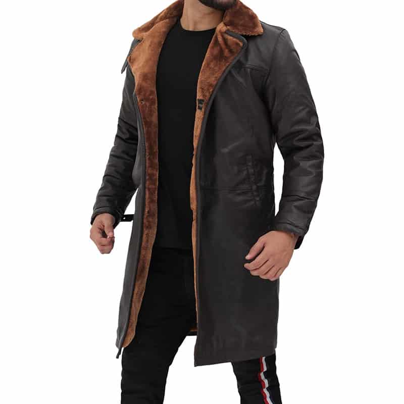 Dark Brown Leather Winter 3/4 Length Shearling Coat Mens - Jacketsinn