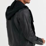 Leather jacket in Black with Jersey Hood