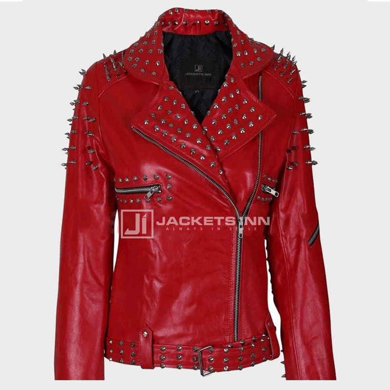 Mens & Women Red Leather Studded jacket - Jacketsinn