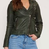 Women’s green biker leather jacket