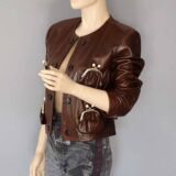 Women Amazing Vintage Style Brown Kiss Lock Pocket Leather jacket