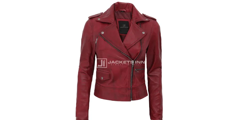 Amber Maroon Leather Biker Jacket For Women