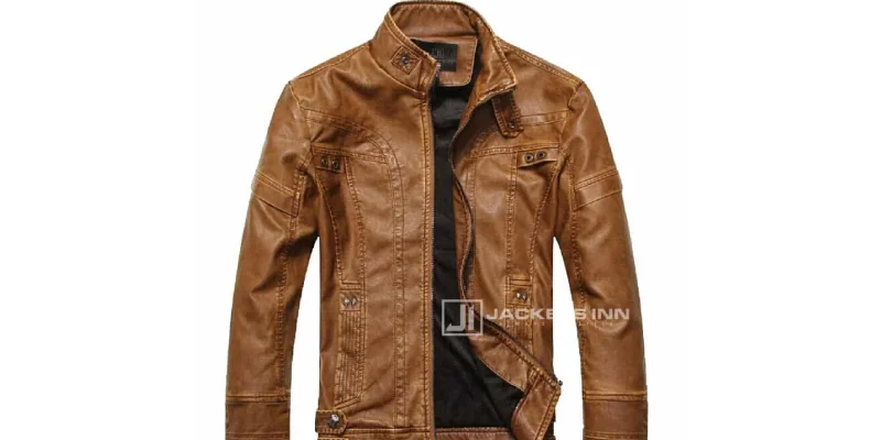 Fancy Stand Collar Slim Biker Brown Leather Fabric Jacket For Men